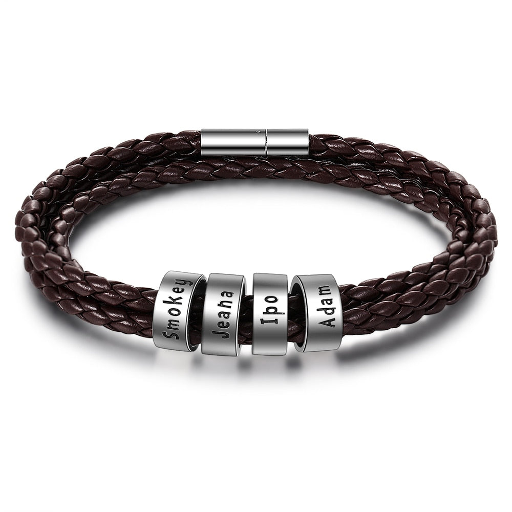 Customized 2-5 Names Beads Bracelets for Men Personalized Brown Braided Rope Leather Bracelet Male Jewelry Gift for Grandfather