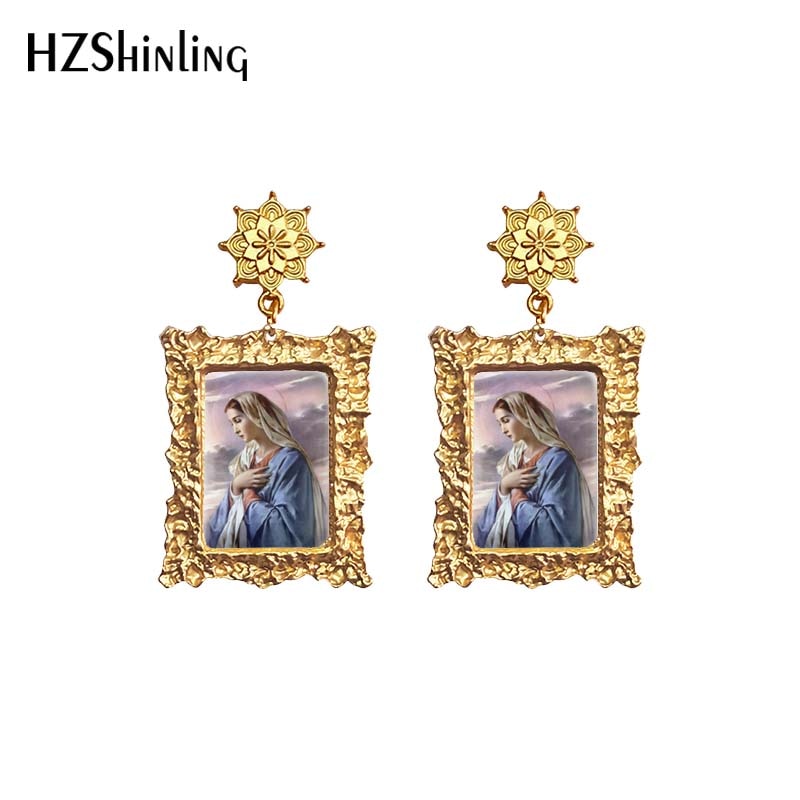 Antique Dangle Earrings Mother of God Virgin Mary Retro Paintings Glass Cabochon Mandala Pendants Jewelry for Women