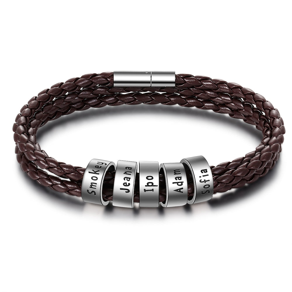 Customized 2-5 Names Beads Bracelets for Men Personalized Brown Braided Rope Leather Bracelet Male Jewelry Gift for Grandfather