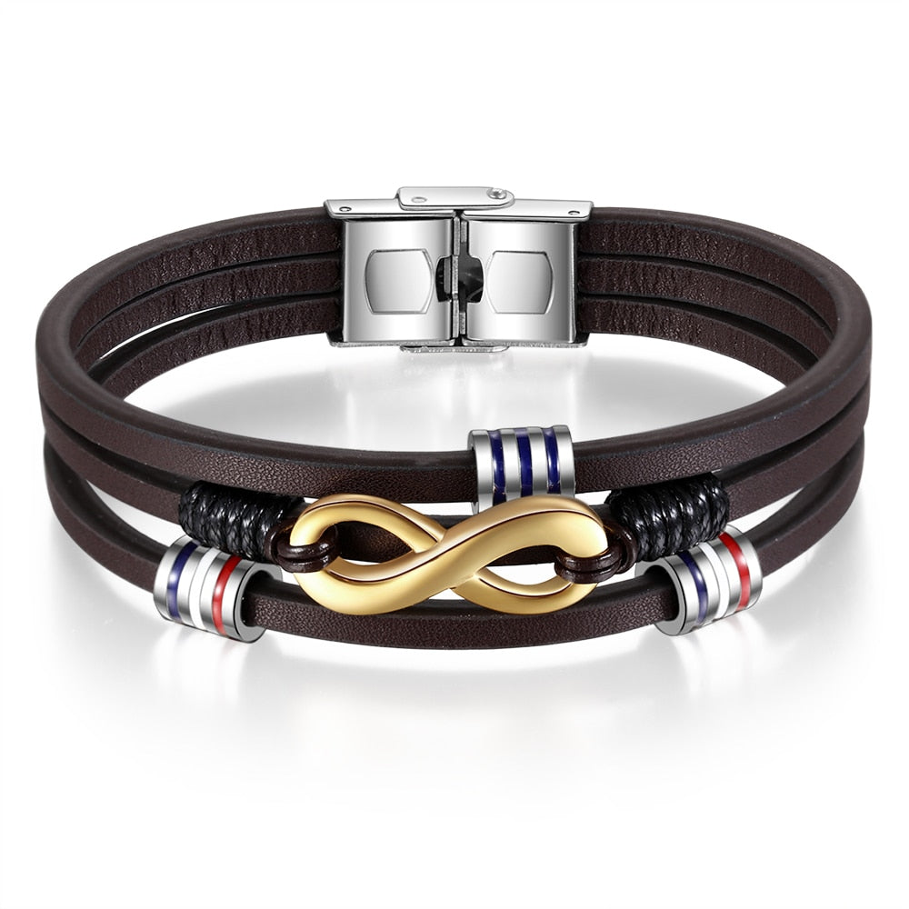 JewelOra Customized 3-Layers Brown Leather Bracelets for Men Personalized Engraving Name Infinity Wristband Bracelets