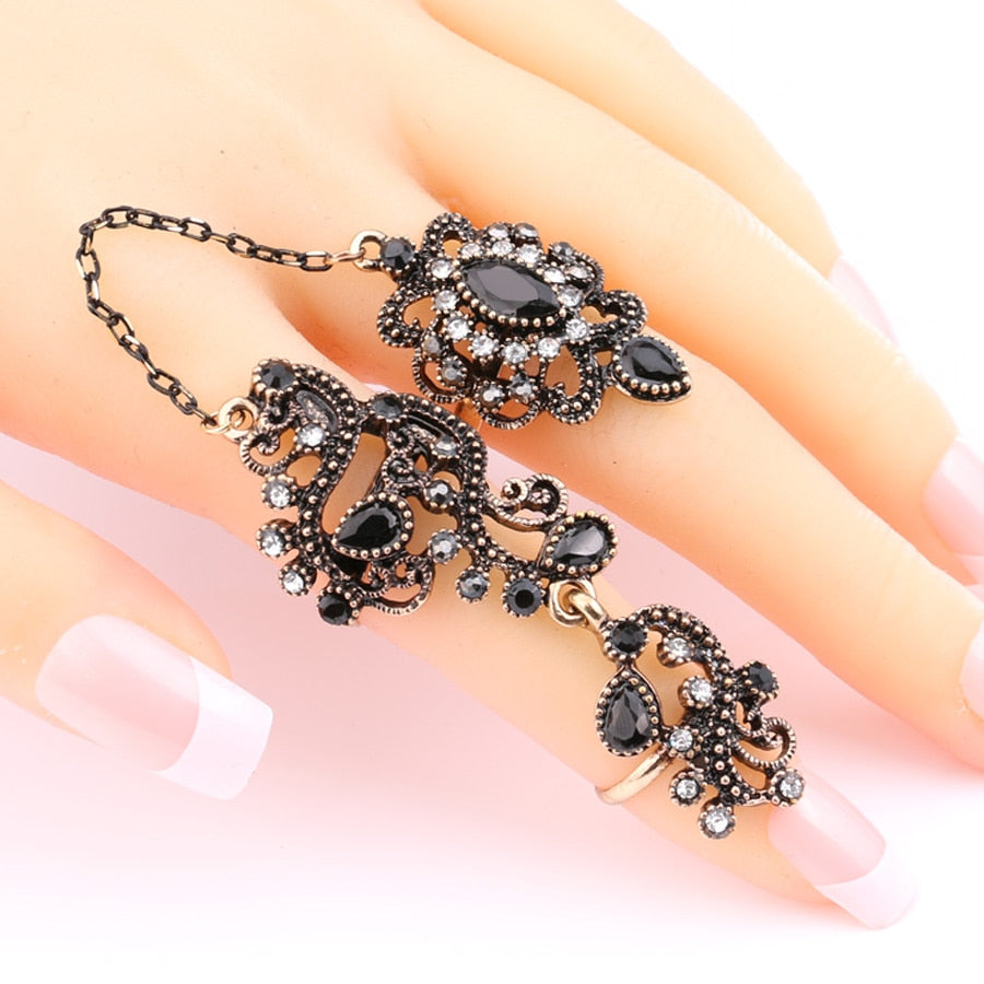 New Arrival Adjustable Turkish Two Finger Rings For Party Women Black Resin Hollow Out Flower Design Vintage Ring Anel Jewelry