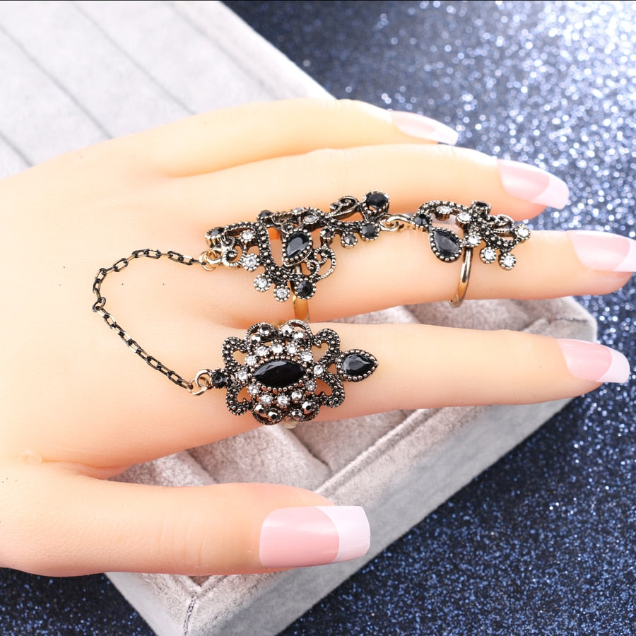 New Arrival Adjustable Turkish Two Finger Rings For Party Women Black Resin Hollow Out Flower Design Vintage Ring Anel Jewelry