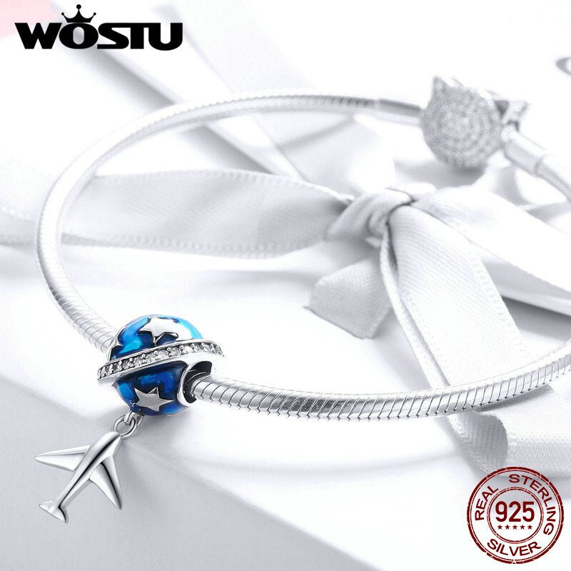 WOSTU Real 925 Sterling Silver Dream of Traveling Airplane Cute Beads fit original Charm Bracelet Necklace Jewelry Gift CQC887