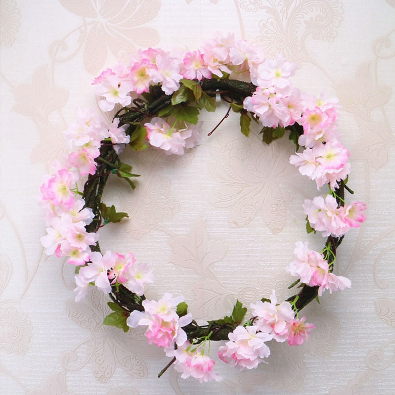 230cm Silk Sakura Cherry Blossom Vine Lvy Wedding Arch Decoration Layout Home Party Rattan Wall Hanging Garland Wreath Slingers