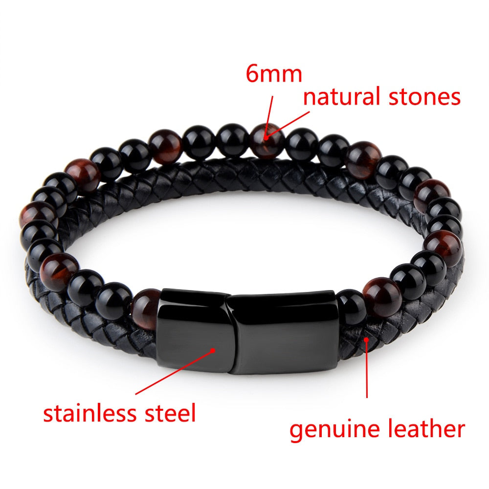 Natural Stone Bracelets Genuine Leather Braided Bracelets Black Stainless Steel Magnetic Clasp Tiger eye Bead Bangle Men Jewelry