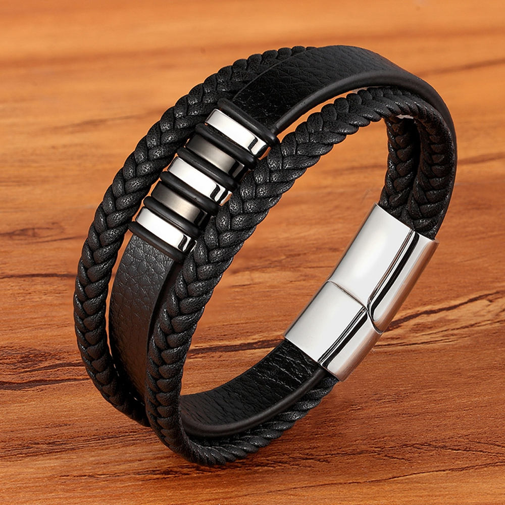 XQNI 3 Layers Black Punk Style Design Leather Bracelet for Men Stainless Steel Magnetic Button Birthday Gift Male Bracelets