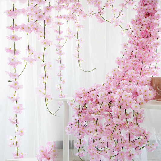 230cm Silk Sakura Cherry Blossom Vine Lvy Wedding Arch Decoration Layout Home Party Rattan Wall Hanging Garland Wreath Slingers