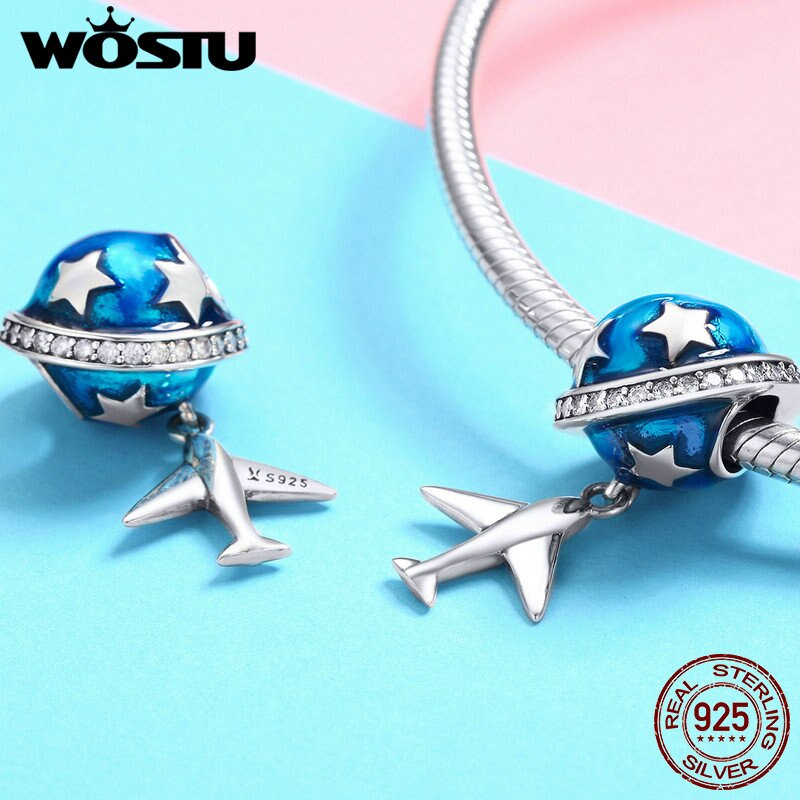 WOSTU Real 925 Sterling Silver Dream of Traveling Airplane Cute Beads fit original Charm Bracelet Necklace Jewelry Gift CQC887