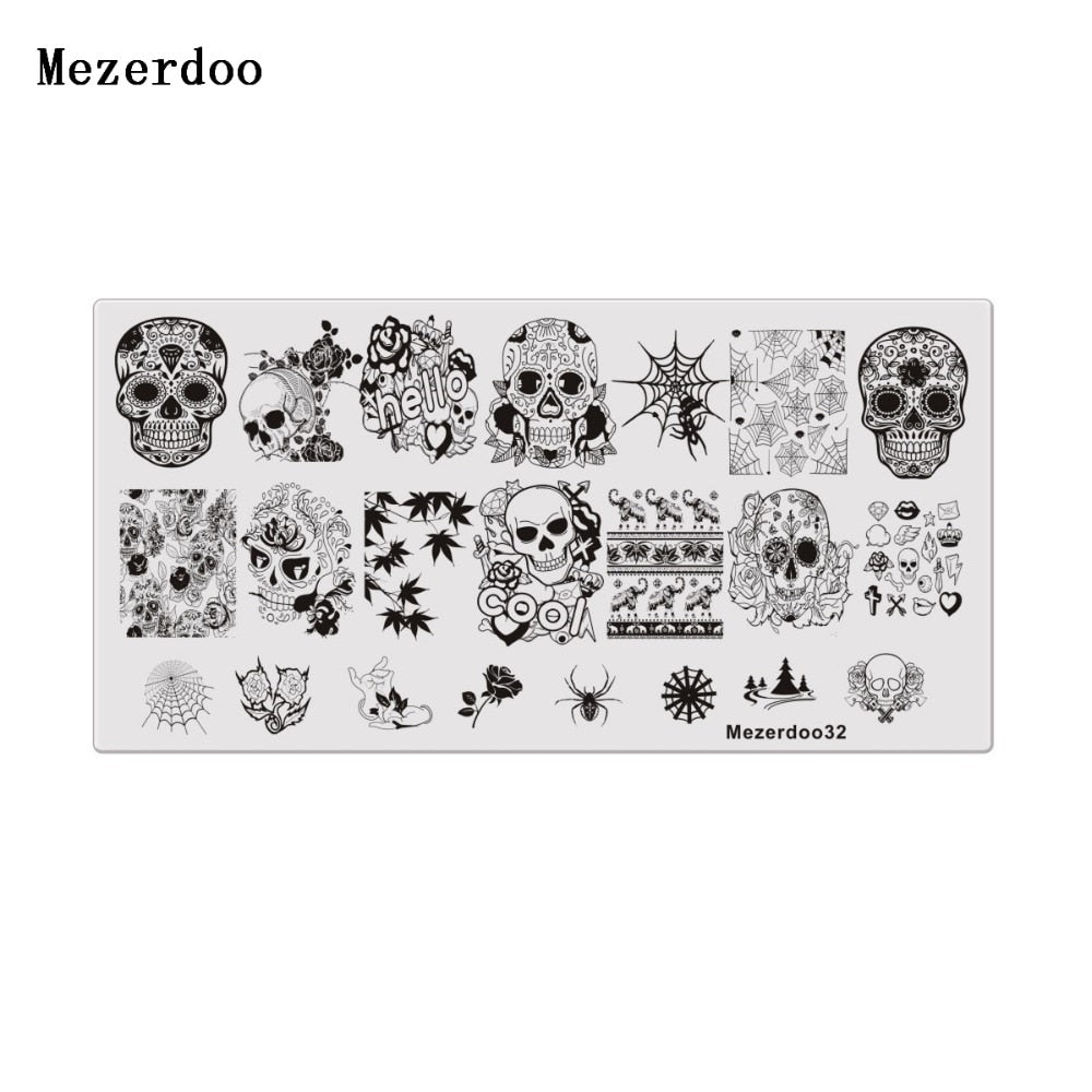 1Pcs Spider Web Nail Stamping Plate Skull Rose Pattern Rectangle Nail Art Stamp Stamping Template Image Plate Stencil Mezerdoo32