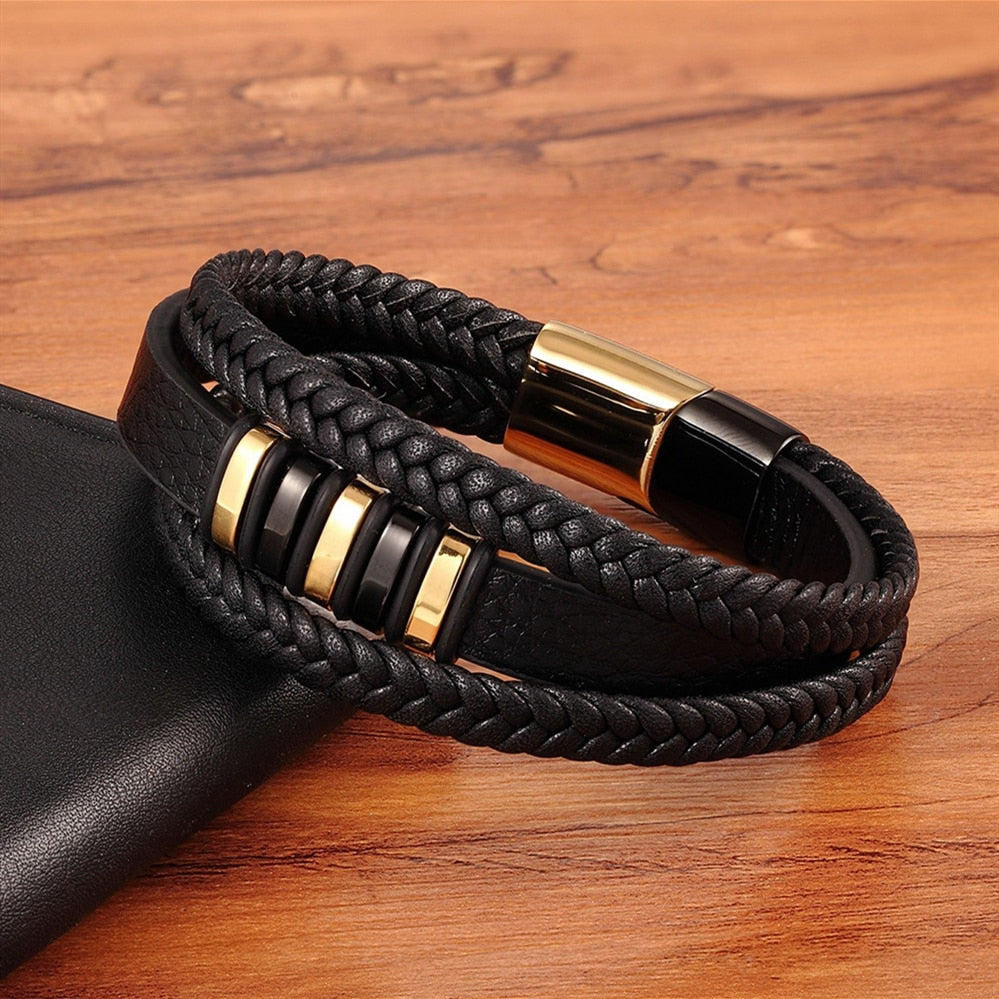 XQNI 3 Layers Black Punk Style Design Leather Bracelet for Men Stainless Steel Magnetic Button Birthday Gift Male Bracelets