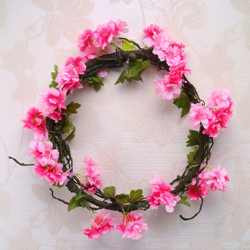 230cm Silk Sakura Cherry Blossom Vine Lvy Wedding Arch Decoration Layout Home Party Rattan Wall Hanging Garland Wreath Slingers