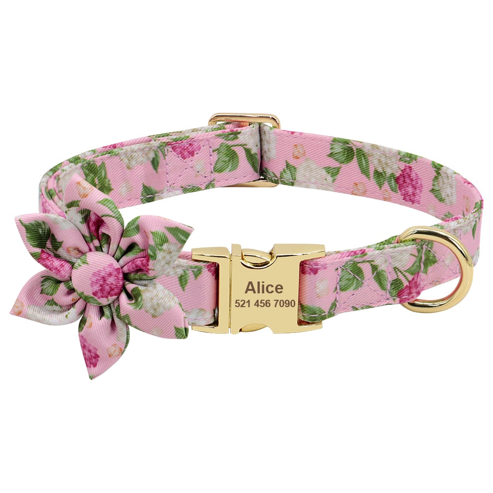 Custom Engraved Dog Collar With Leash Nylon Printed Dog ID Collars Pet Walking Belt For Small Medium Large Dogs Flower Accessory