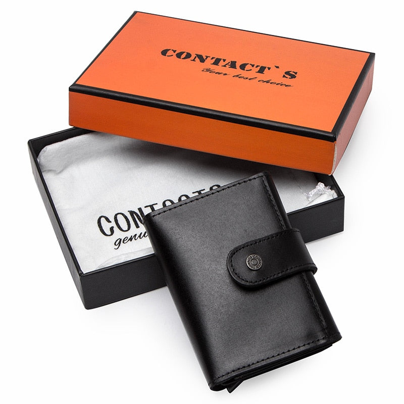 CONTACT&#39;S Crazy Horse Leather Card Holder Wallet Men Automatic Pop Up ID Card Case Male Coin Purse Aluminium Box RFID Blocking