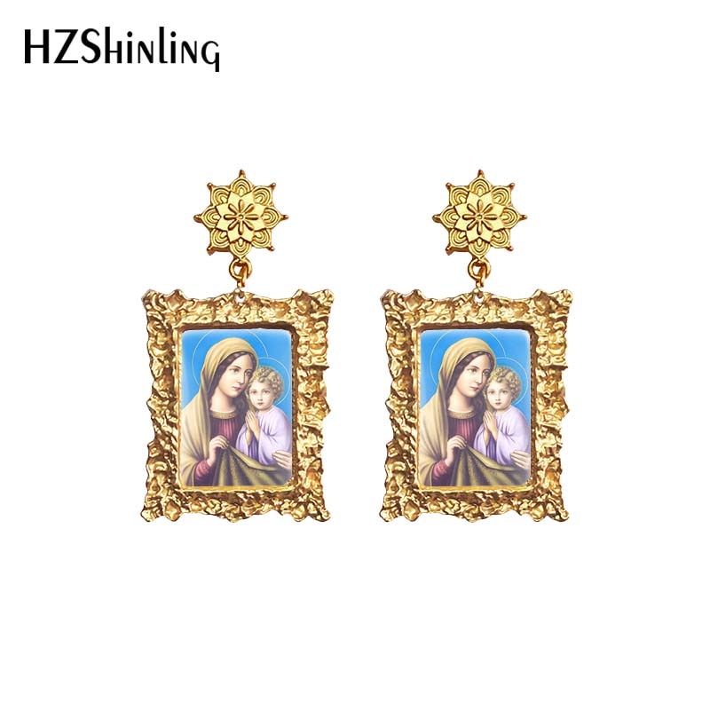 Antique Dangle Earrings Mother of God Virgin Mary Retro Paintings Glass Cabochon Mandala Pendants Jewelry for Women