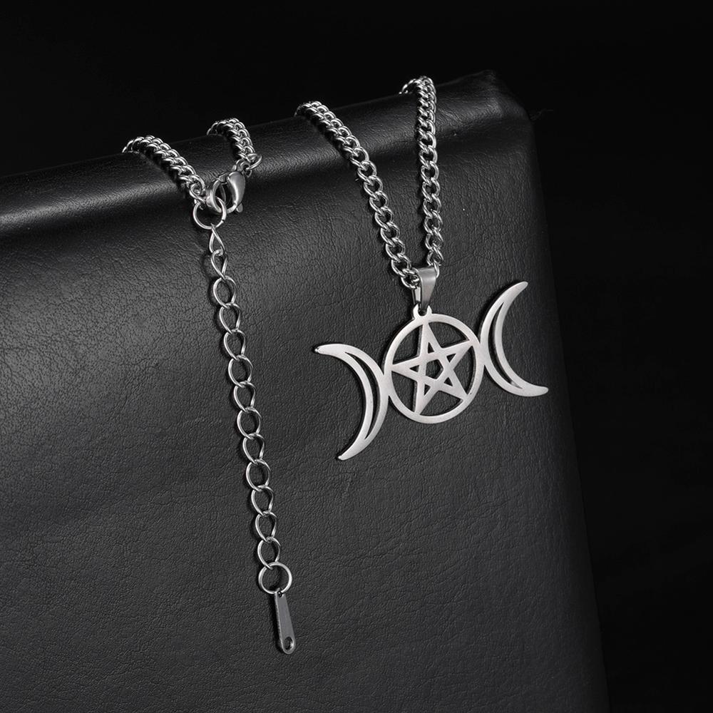 Teamer Stainless Steel Goddess Necklace for Women Men Pentagram Moon Wicca Jewelry Magic Pendant Pentacle Witch Amulet Bijoux