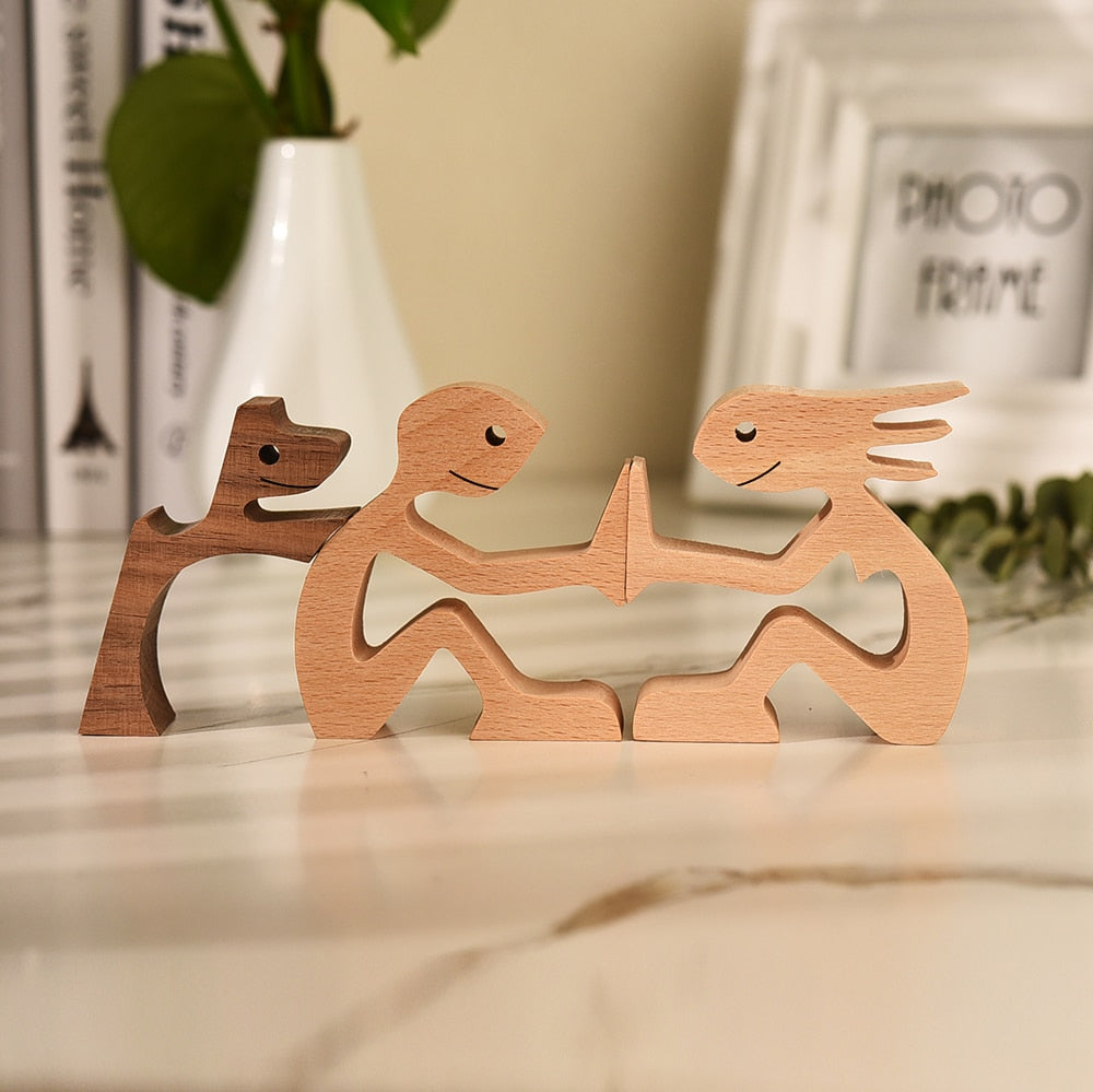 Family Puppy Wood Dog Craft Figurine Desktop Table Ornament Carving Model Home Office Decoration Pet Sculpture Christmas Gift