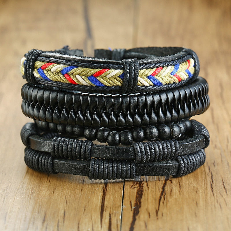 Vnox 4Pcs/ Set Braided Wrap Leather Bracelets for Men Vintage Life Tree Rudder Charm Wood Beads Ethnic Tribal Wristbands