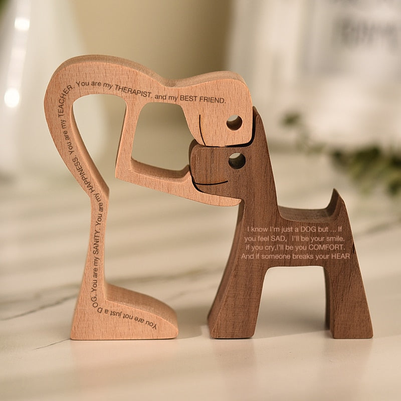 Family Puppy Wood Dog Craft Figurine Desktop Table Ornament Carving Model Home Office Decoration Pet Sculpture Christmas Gift