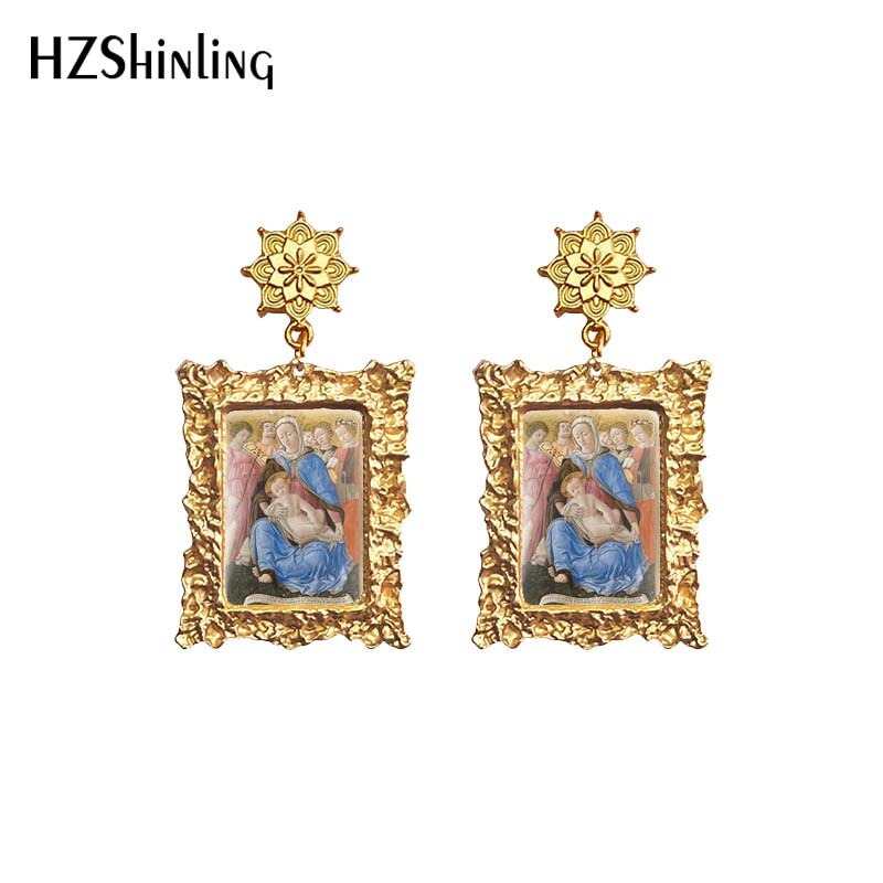 Antique Dangle Earrings Mother of God Virgin Mary Retro Paintings Glass Cabochon Mandala Pendants Jewelry for Women