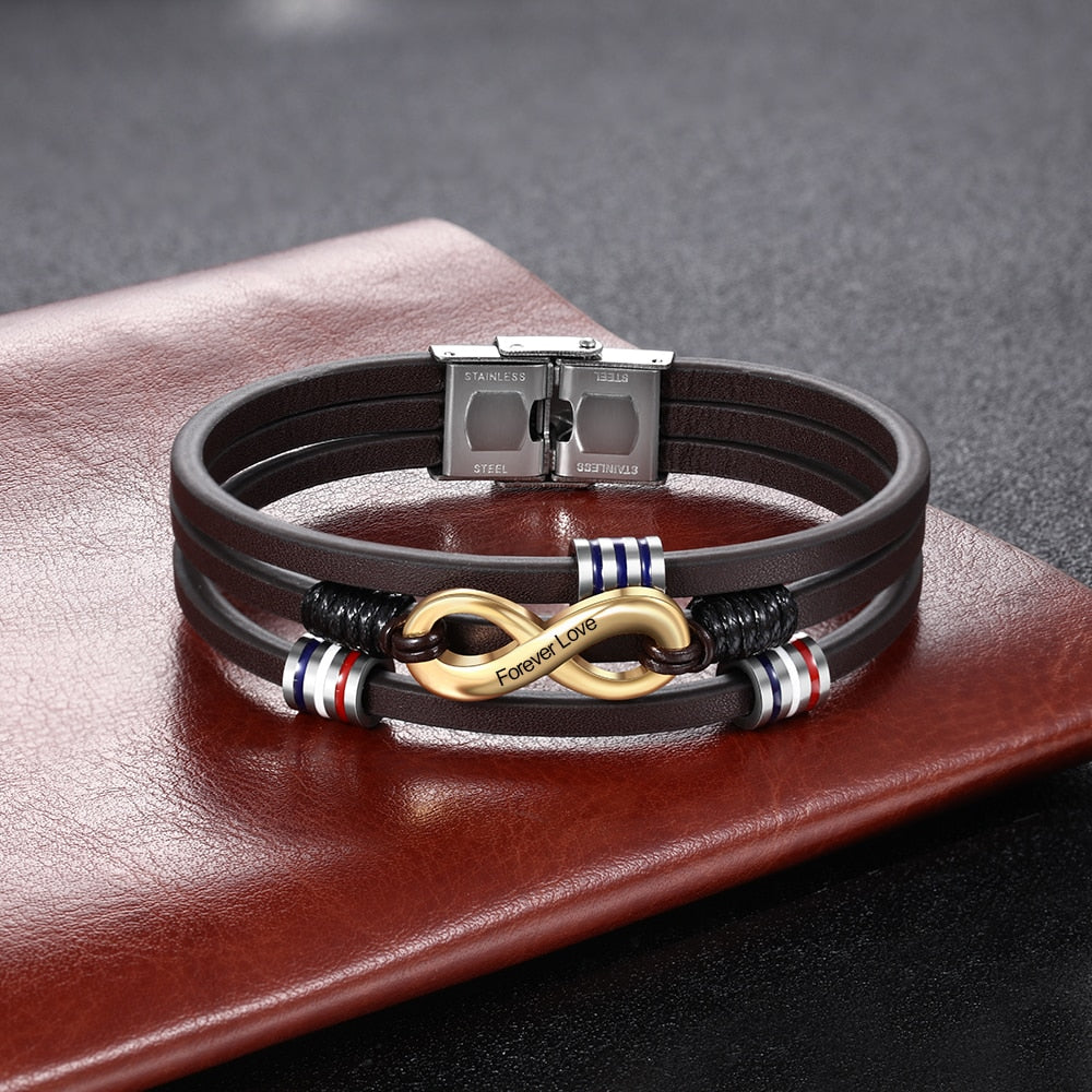 JewelOra Customized 3-Layers Brown Leather Bracelets for Men Personalized Engraving Name Infinity Wristband Bracelets