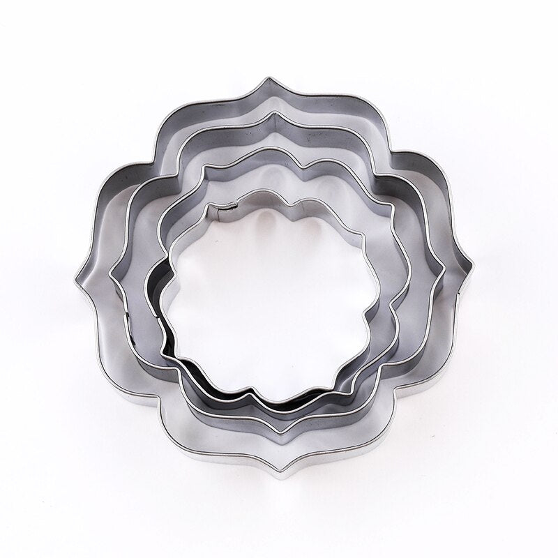 4Pcs/Set Stainless Steel Fondant Mold Cookie Stamper Nameplate Wedding Biscuit Lace Blessing Circle Flower Frame Cake Decoration