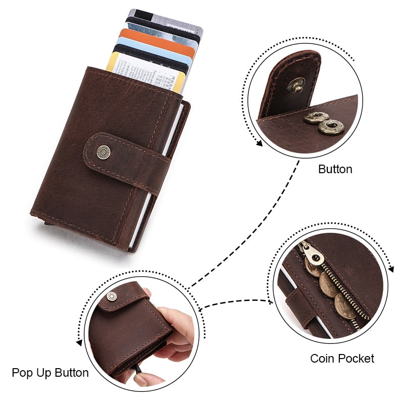 CONTACT&#39;S Crazy Horse Leather Card Holder Wallet Men Automatic Pop Up ID Card Case Male Coin Purse Aluminium Box RFID Blocking