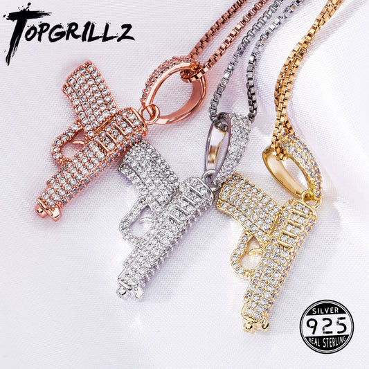 TOPGRILLZ Hip Hop Woman Pendant 925 Sterling Silver Glittering Pistol Pendant Iced Out Zircon Necklace Fashion Charm