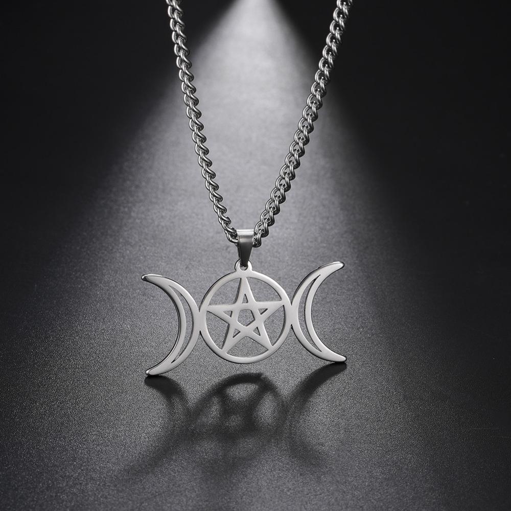 Teamer Stainless Steel Goddess Necklace for Women Men Pentagram Moon Wicca Jewelry Magic Pendant Pentacle Witch Amulet Bijoux