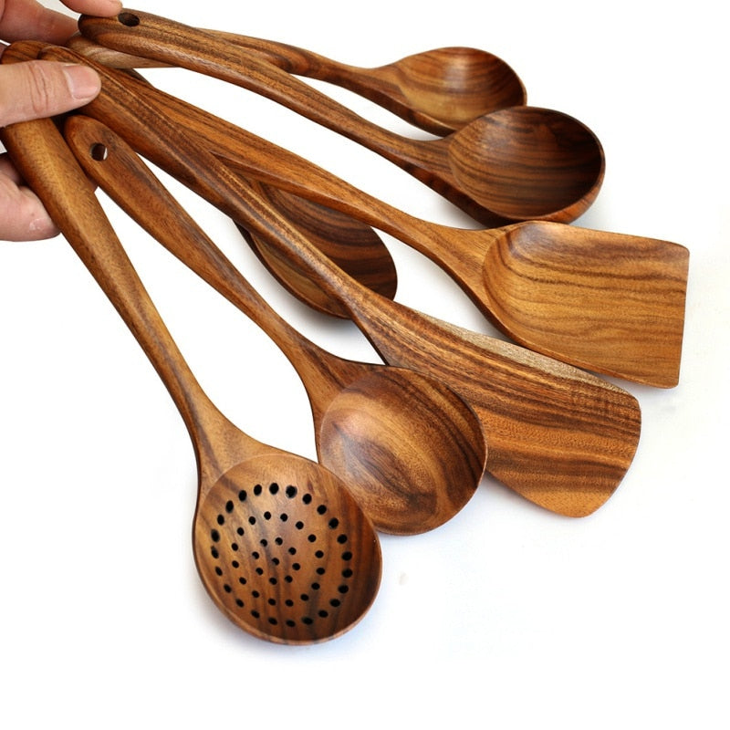 1-7pcs/set  Teak natural wood tableware spoon colander spoon special nano soup skimmer cooking spoon wooden kitchen tool kit