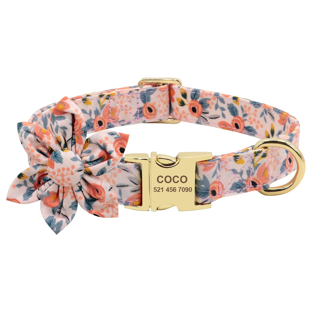 Custom Engraved Dog Collar With Leash Nylon Printed Dog ID Collars Pet Walking Belt For Small Medium Large Dogs Flower Accessory