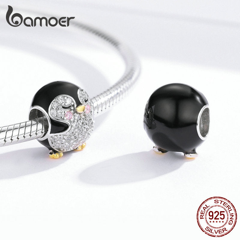 bamoer Authentic 925 Sterling Silver Penguin Baby Round Metal Beads for Women Original Bracelet Enamel Charm for Bangle BSC126