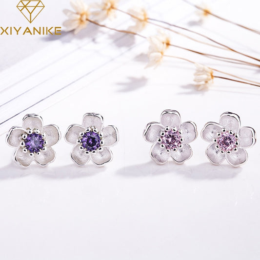 XIYANIKE Silver Color  Handmade Flower Crystal Stud Earrings For Women Multi-Color Charm Zircon Small Ear Hoops Jewelry