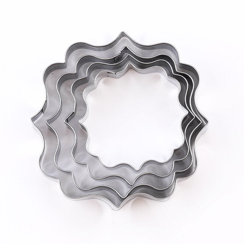 4Pcs/Set Stainless Steel Fondant Mold Cookie Stamper Nameplate Wedding Biscuit Lace Blessing Circle Flower Frame Cake Decoration