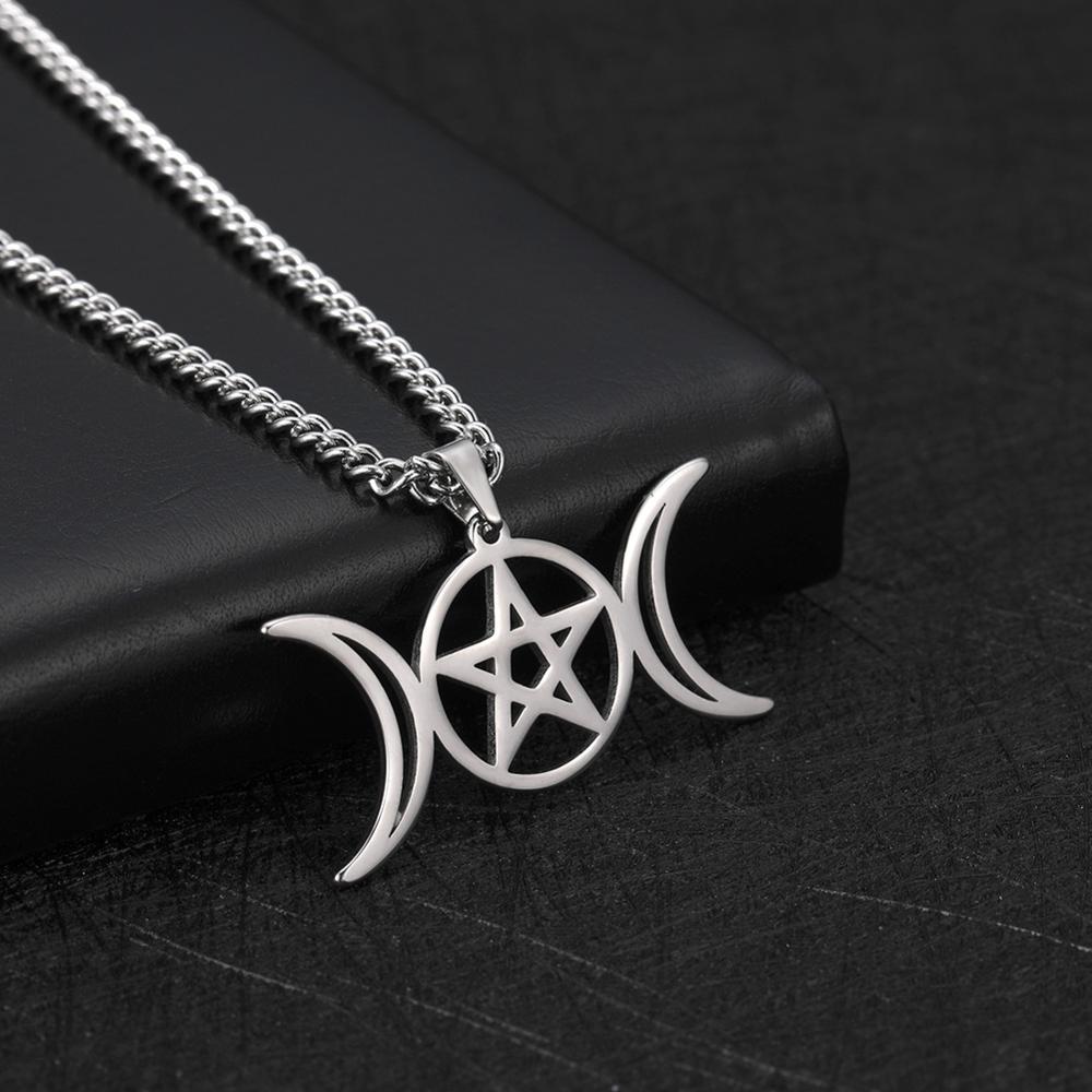 Teamer Stainless Steel Goddess Necklace for Women Men Pentagram Moon Wicca Jewelry Magic Pendant Pentacle Witch Amulet Bijoux