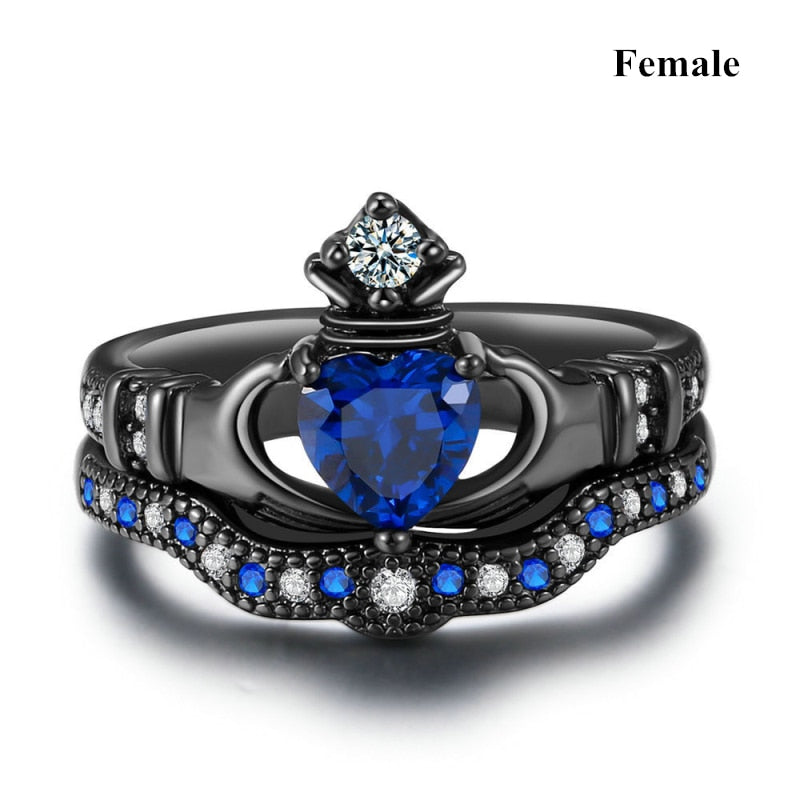 Carofeez Charm Couple Ring Stainless Steel Black Men&#39;s Ring Blue Zircon Women&#39;s Ring Sets Valentine&#39;s Day Wedding Bands