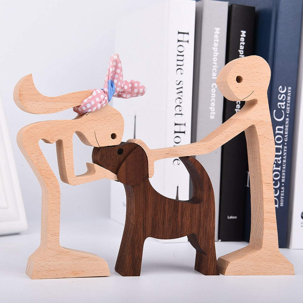 Family Puppy Wood Dog Craft Figurine Desktop Table Ornament Carving Model Home Office Decoration Pet Sculpture Christmas Gift