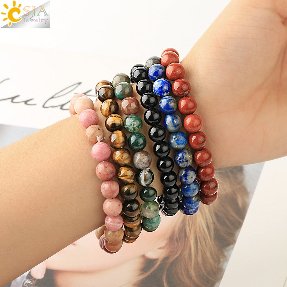 CSJA 8mm Natural Stones Strand Bracelets Single Color Round Beaded Healing Elastic Bracelet for Women Simple Trendy Jewelry G432