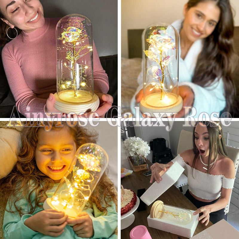 Mothers Day Gifts Beauty and The Beast Preserved Roses In Glass Galaxy Rose LED Light Artificial Flower Gift for Mom Women Girls