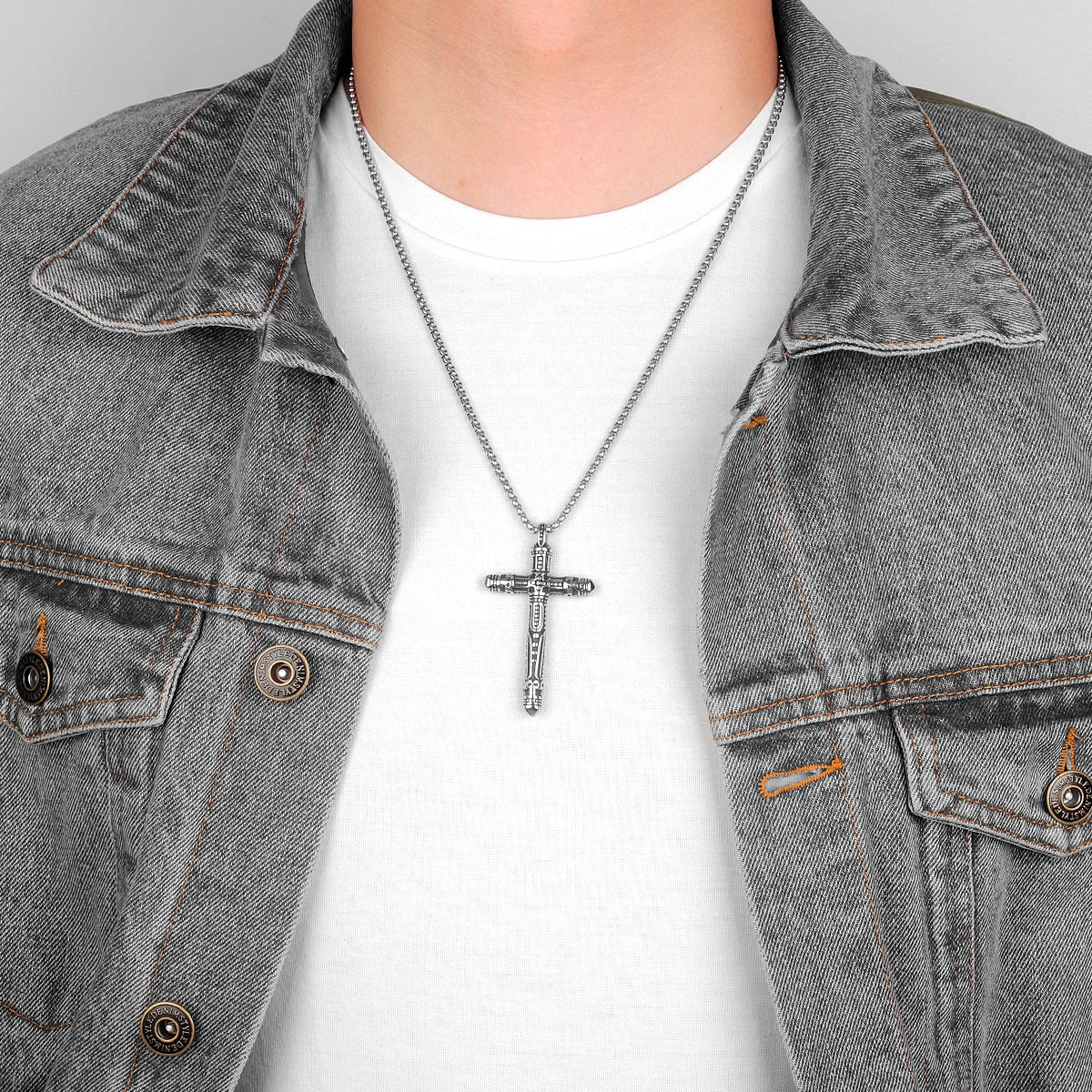 Stainless Steel Black Silver Color Cross Men Necklaces Pendants Chain Punk for Boyfriend Male Jewelry Creativity Gift Wholesale