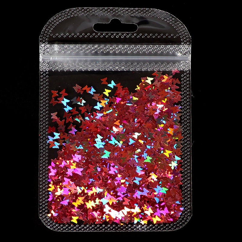 Holographic Red Butterfly Nail Art Glitter Sequins Decoration 3D Laser Sheet Manicure Charms Parts For Nail Design Accessories