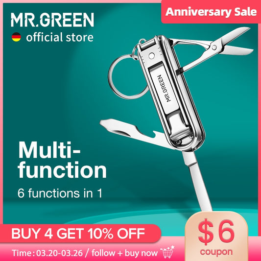 MR.GREEN Multifunctional Nail Clipper Stainless Steel Six Functions Nail Files Bottle Opener Small Knife Scissors Nail Cutter