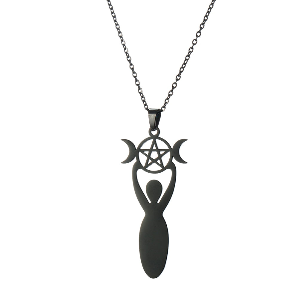 Teamer Stainless Steel Goddess Necklace for Women Men Pentagram Moon Wicca Jewelry Magic Pendant Pentacle Witch Amulet Bijoux