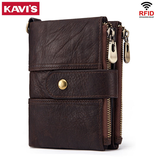 KAVIS 100% Genuine Leather Rfid Wallet Men Crazy Horse Wallets Coin Purse Short Male Money Bag Quality Designer Mini Walet Small