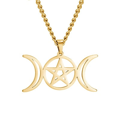 Teamer Stainless Steel Goddess Necklace for Women Men Pentagram Moon Wicca Jewelry Magic Pendant Pentacle Witch Amulet Bijoux