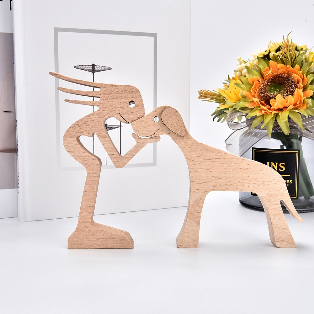 Family Puppy Wood Dog Craft Figurine Desktop Table Ornament Carving Model Home Office Decoration Pet Sculpture Christmas Gift