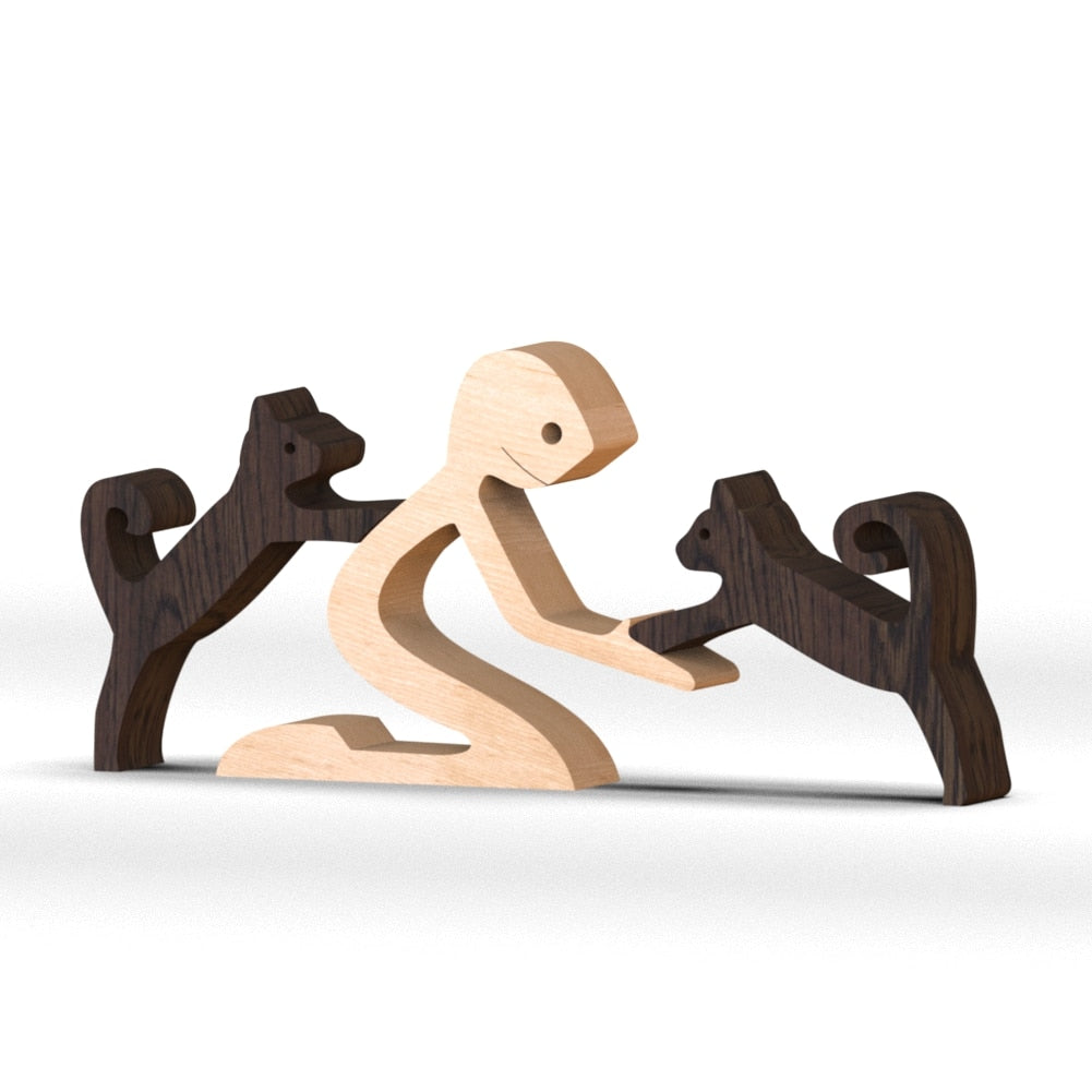 Family Puppy Wood Dog Craft Figurine Desktop Table Ornament Carving Model Home Office Decoration Pet Sculpture Christmas Gift